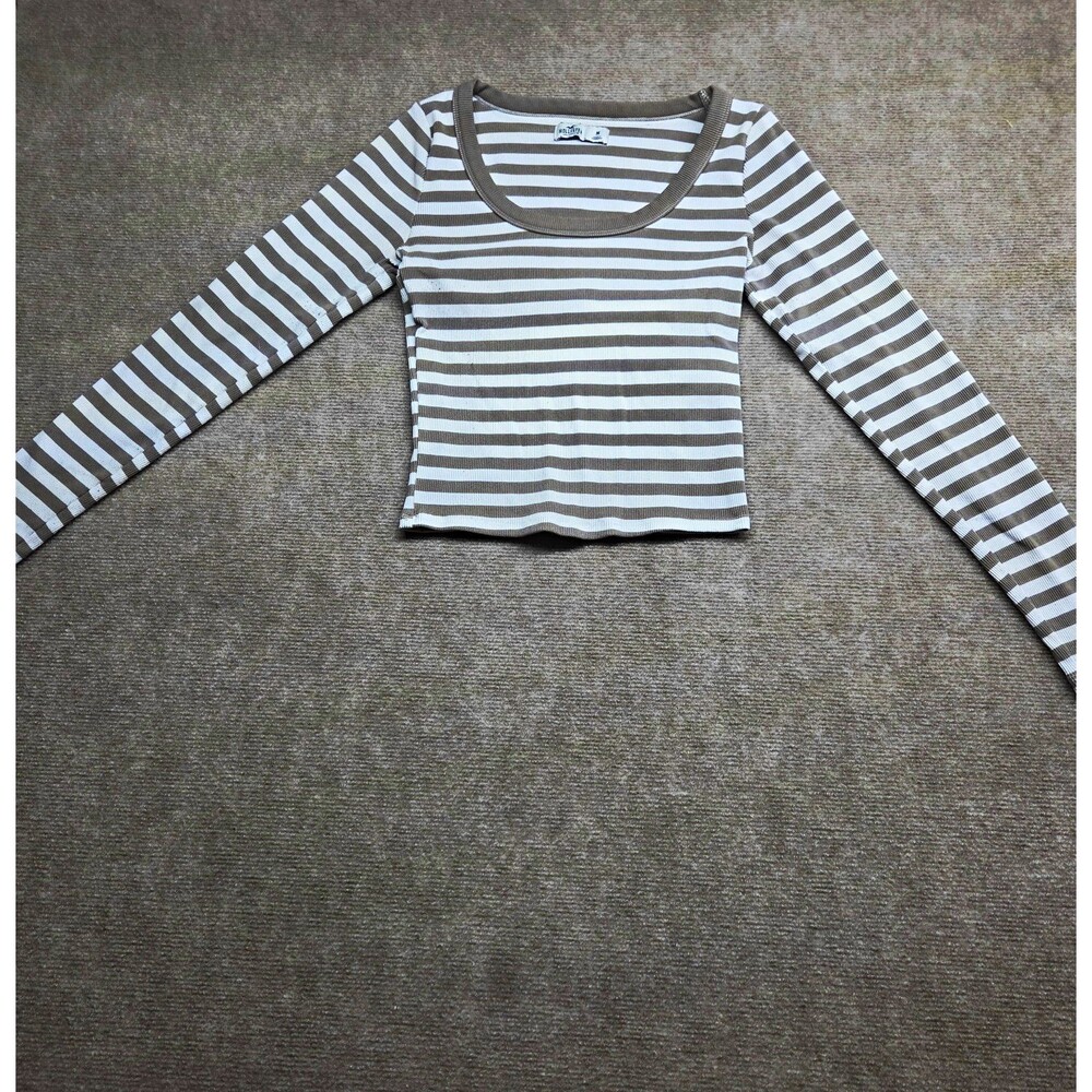 Hollister Women's Gray/White Striped Scoop Neck Long Sleeve T-Shirt M